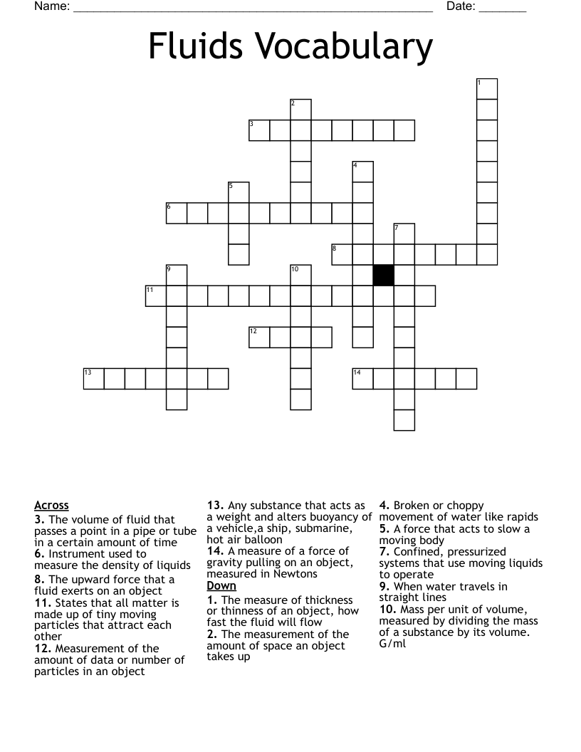 Fluids Vocabulary Crossword