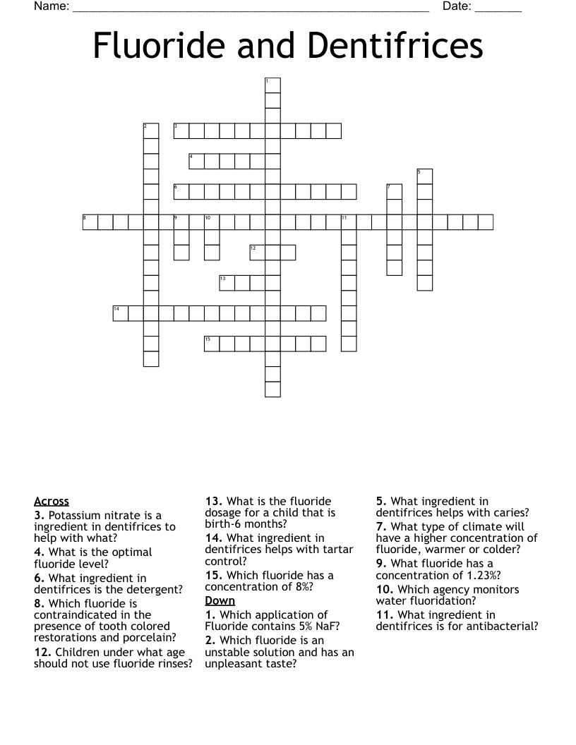 Fluoride and Dentifrices Crossword