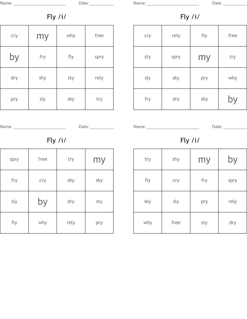 Fly /i/ Bingo Cards