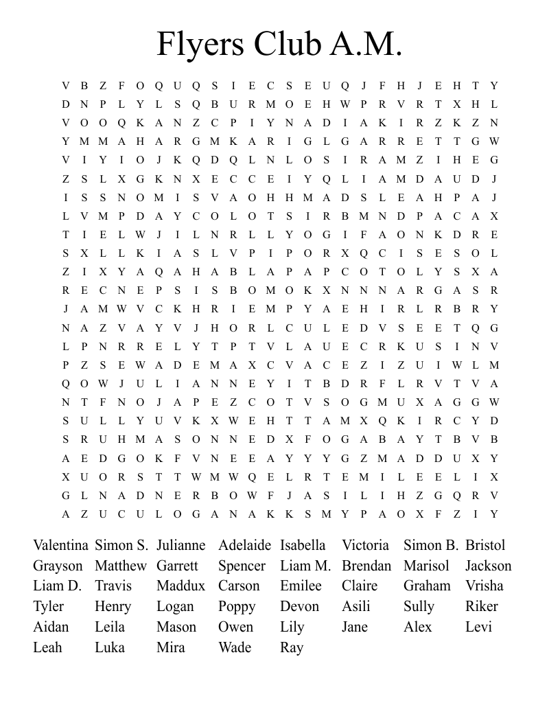 Flyers Club A.M. Word Search