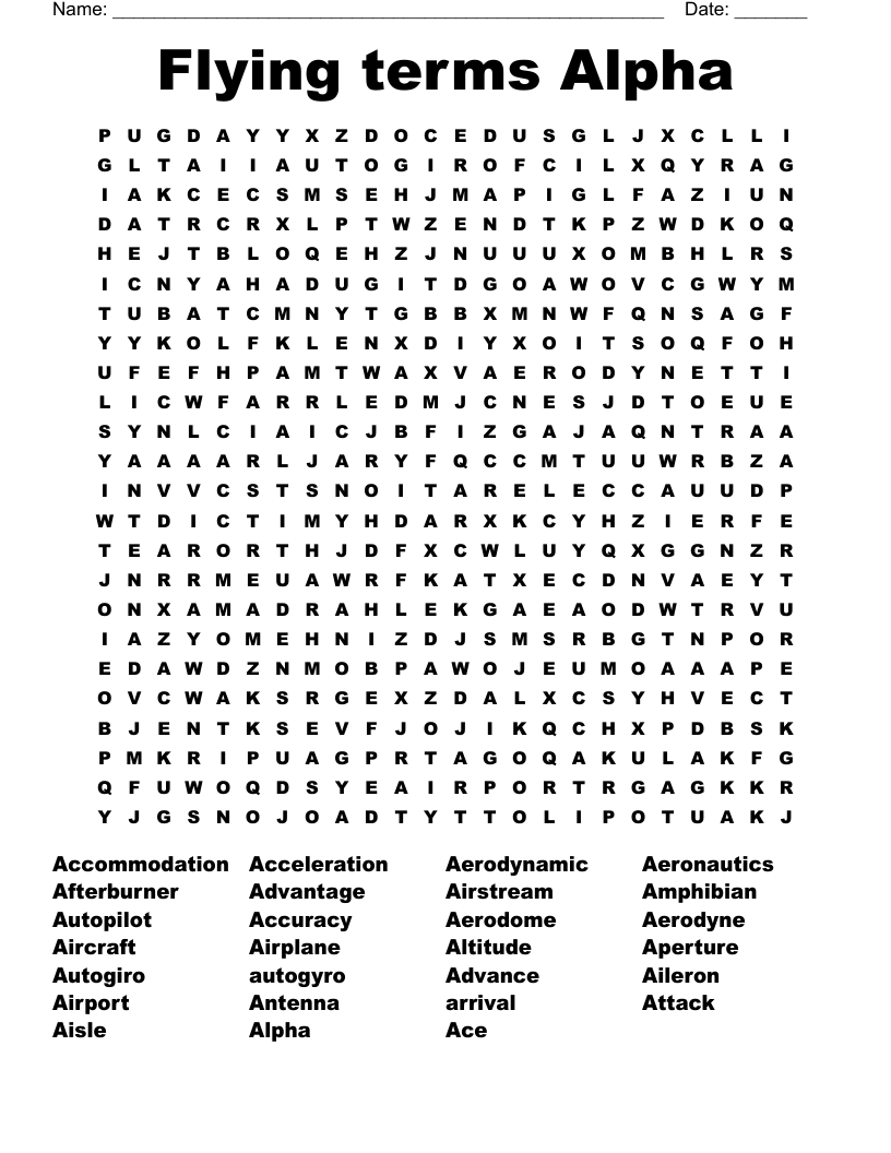 Flying terms Alpha Word Search