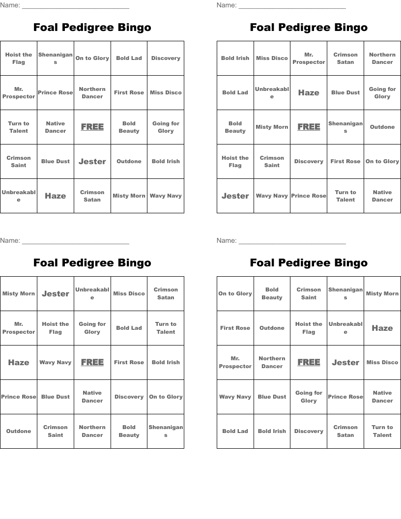 Foal Pedigree Bingo
