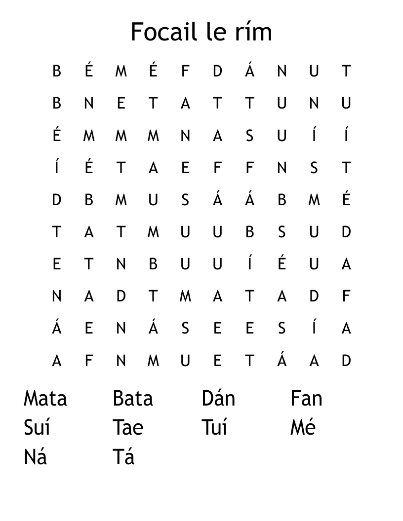 Focail le rím Word Search
