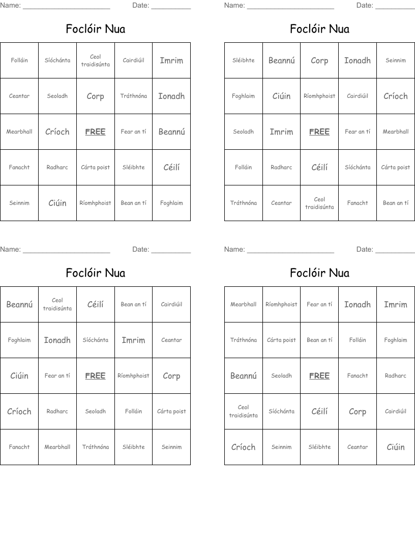 Foclóir Nua Bingo Cards