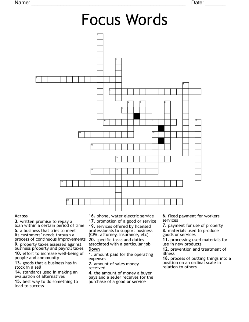 Focus Words Crossword