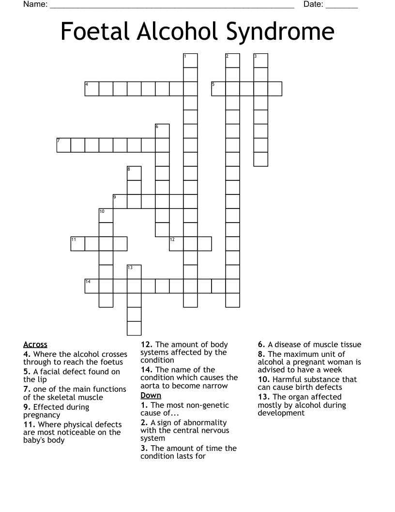 Foetal Alcohol Syndrome Crossword