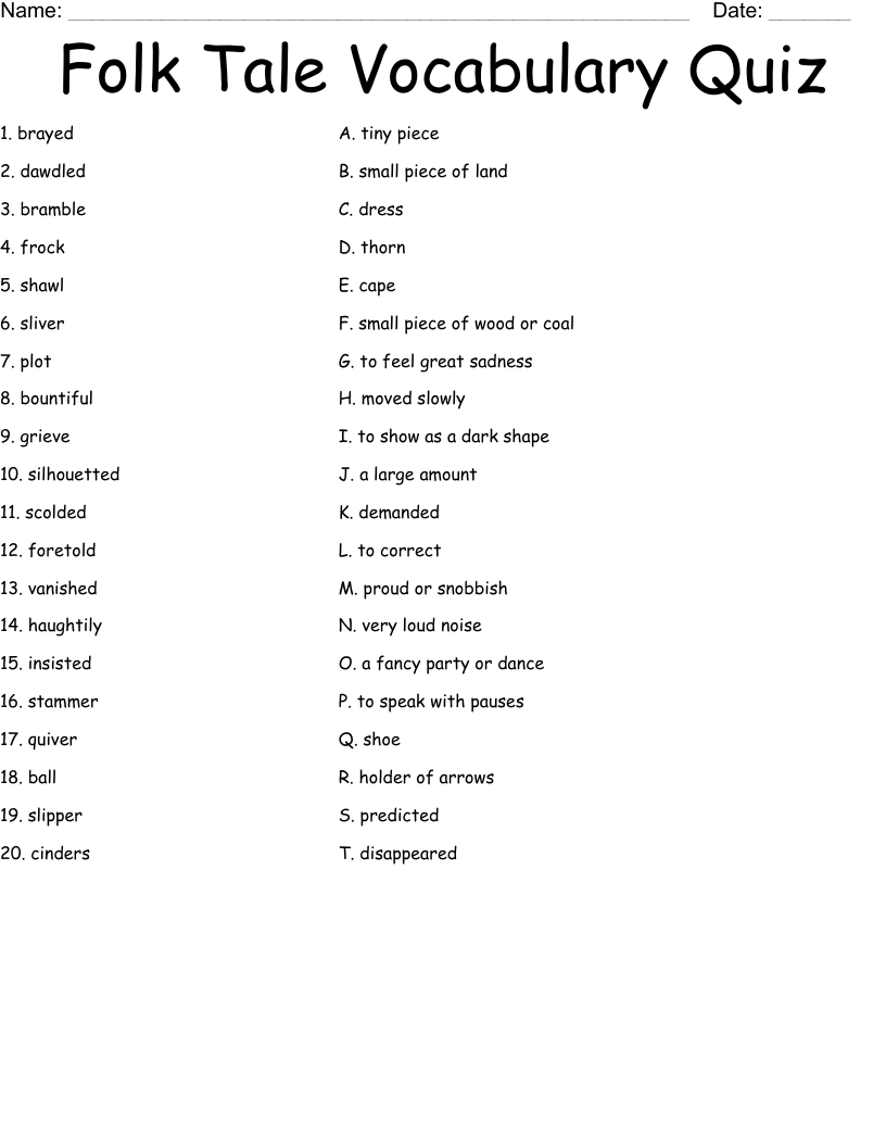 Folk Tale Vocabulary Quiz Worksheet
