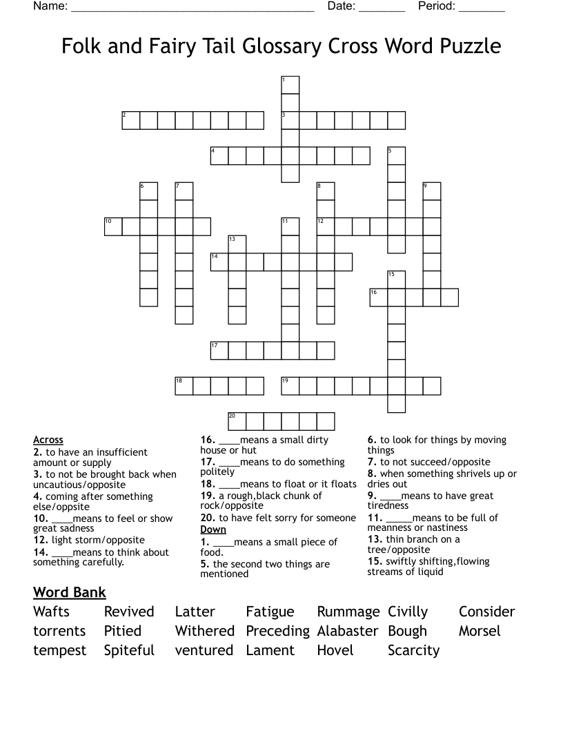 Folk and Fairy Tail Glossary Cross Word Puzzle 