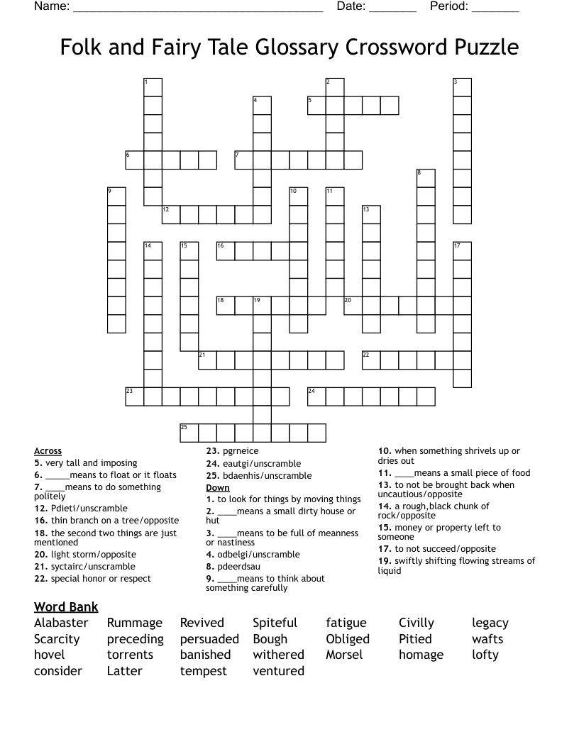 Folk and Fairy Tale Glossary Crossword Puzzle