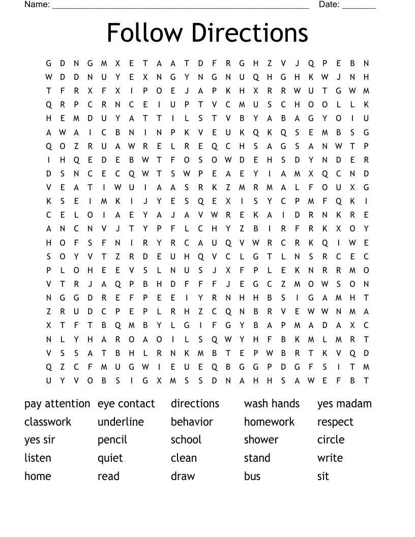 Follow Directions Word Search