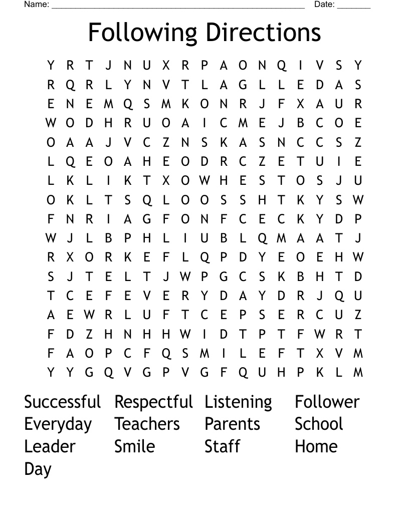 Following Directions Word Search