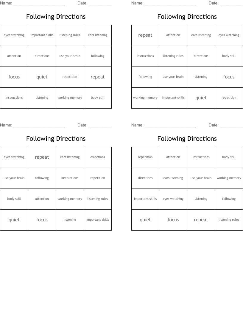 Following Directions Bingo Cards