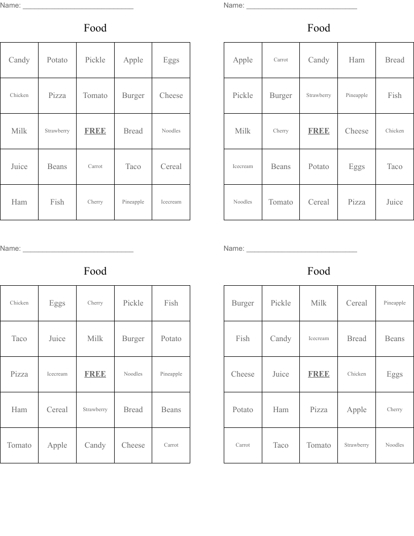 Food Bingo Cards