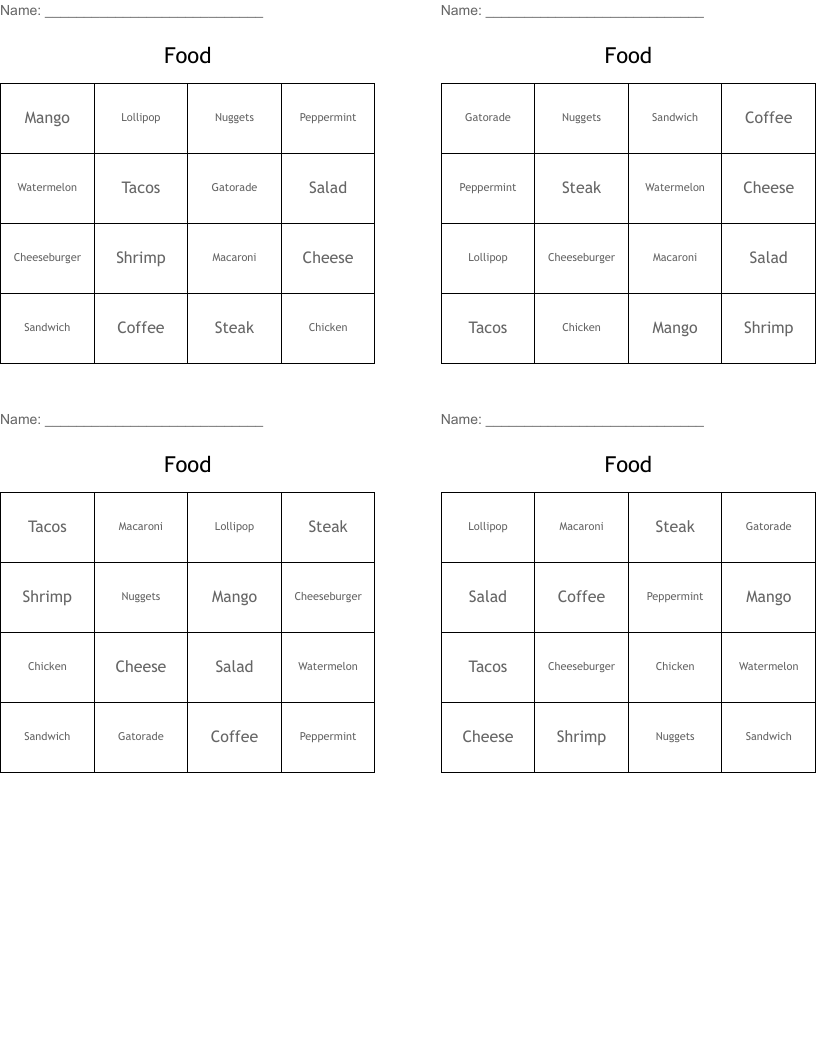 Food Bingo Cards