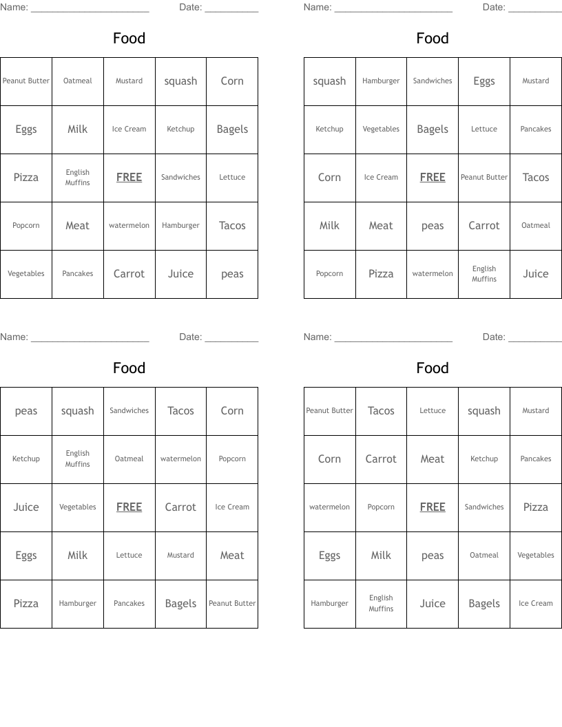 Food Bingo Cards