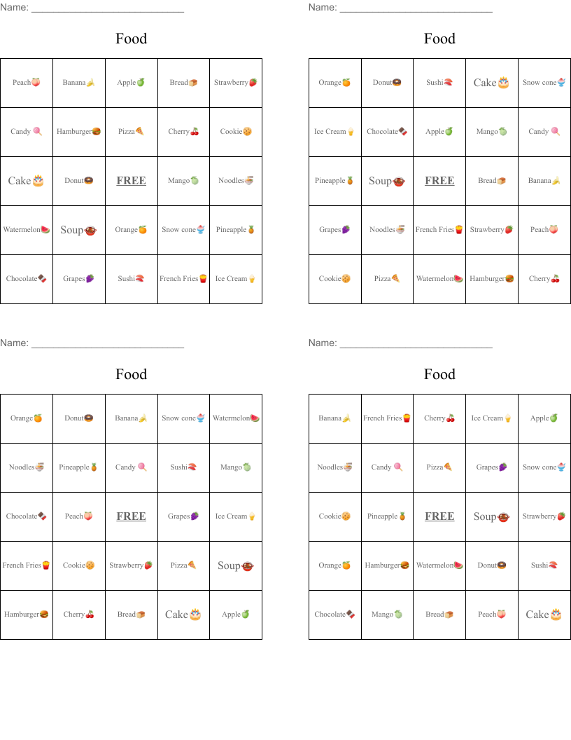 Food Bingo Cards