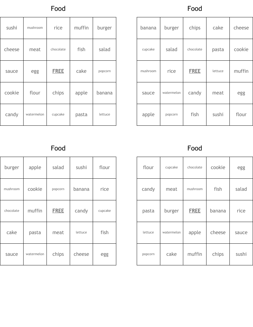 Food Bingo Cards