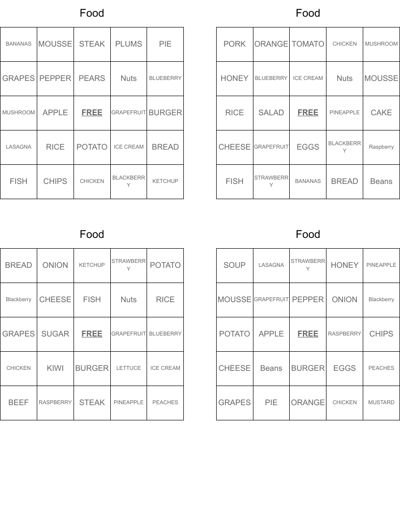Food Bingo Cards