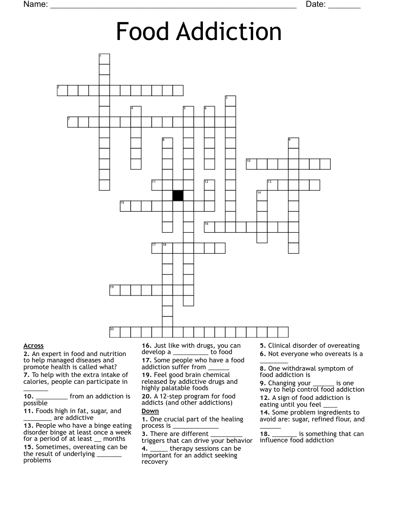 Food Addiction Crossword