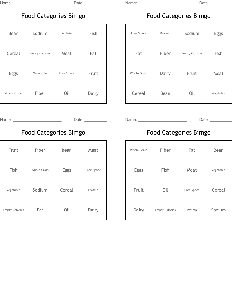 Food Categories Bimgo Bingo Cards