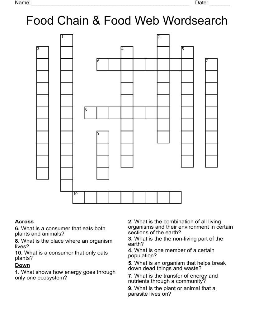 Food Chain & Food Web Wordsearch Crossword