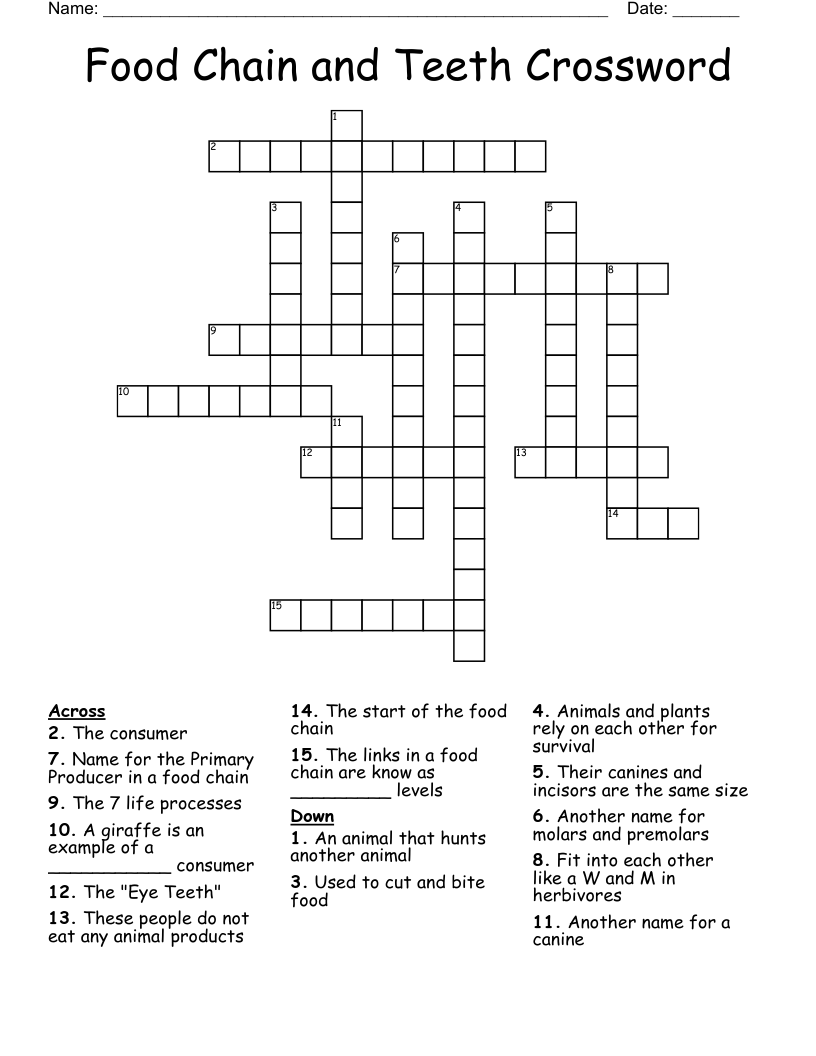 Food Chain and Teeth Crossword