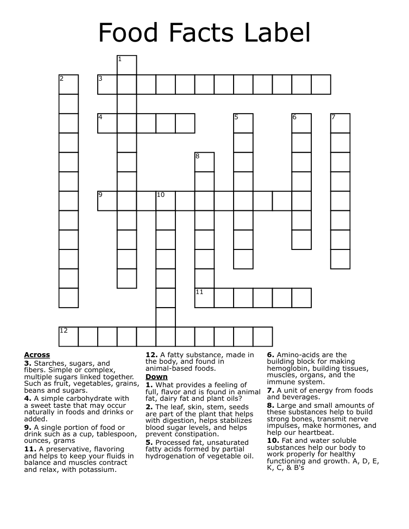 Food Facts Label Crossword