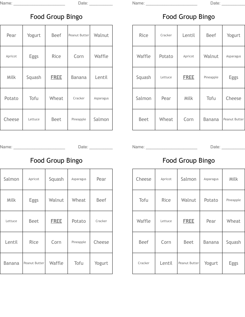 Food Group Bingo