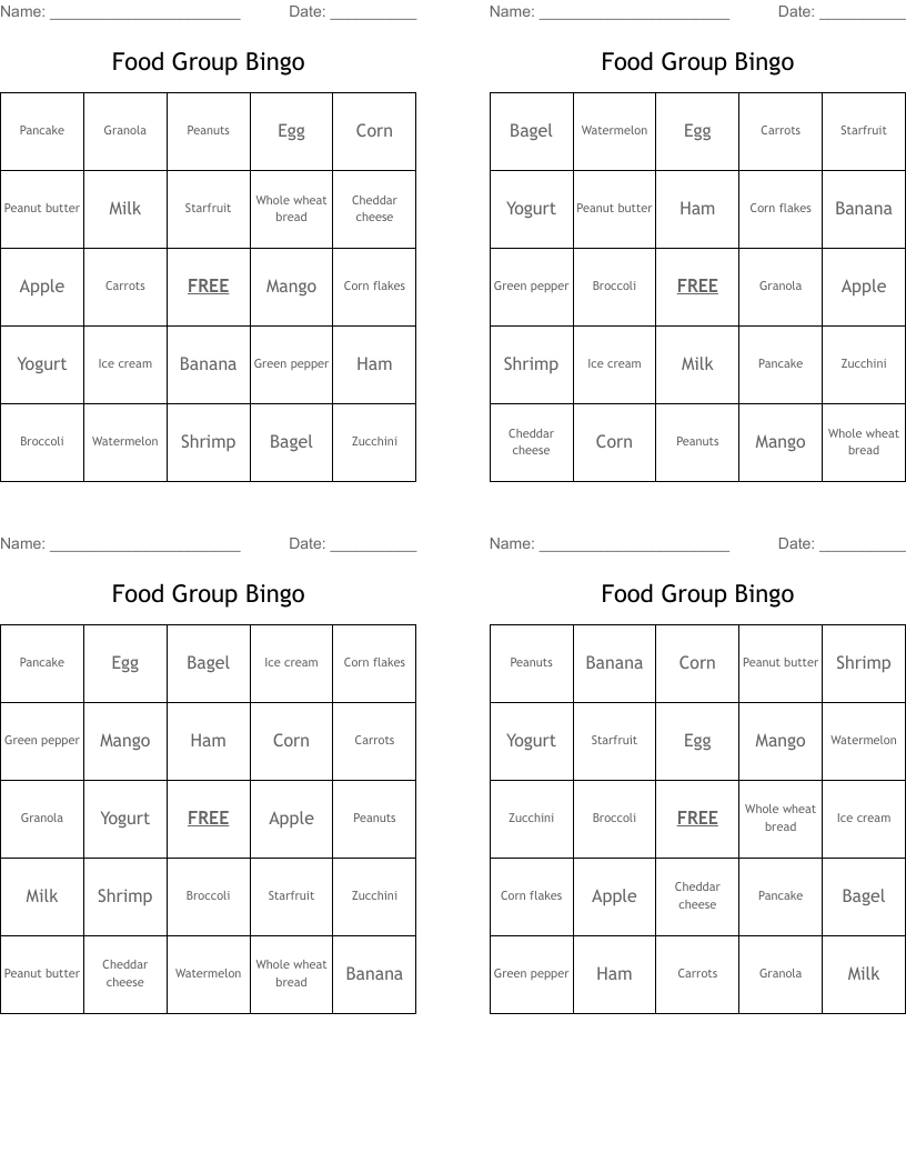 Food Group Bingo 
