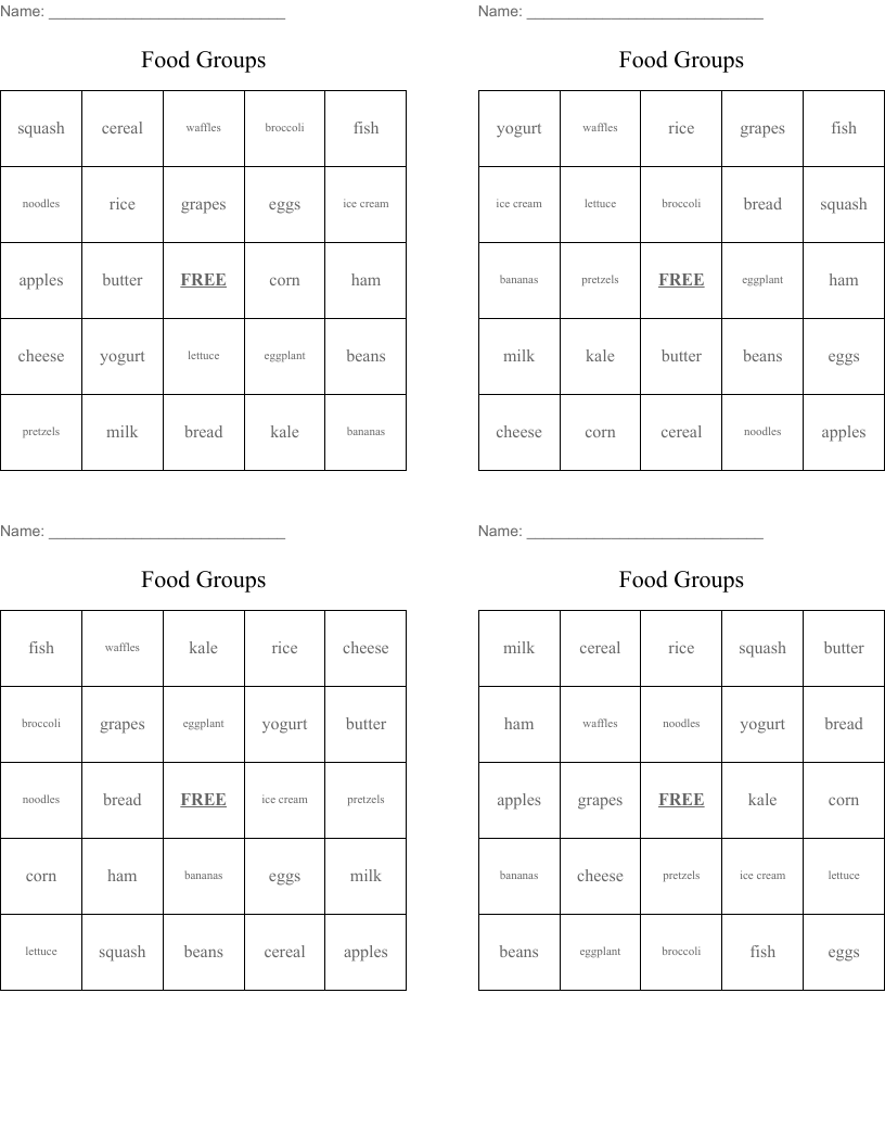 Food Groups Bingo Cards