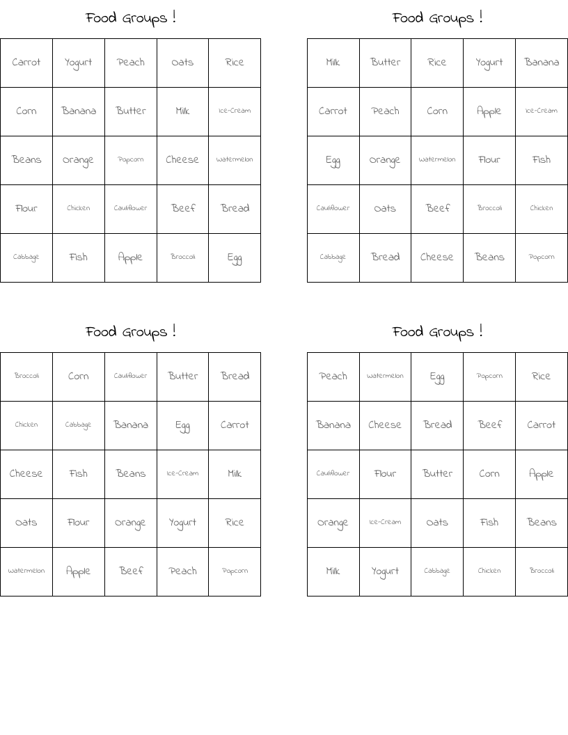 Food Groups ! Bingo Cards