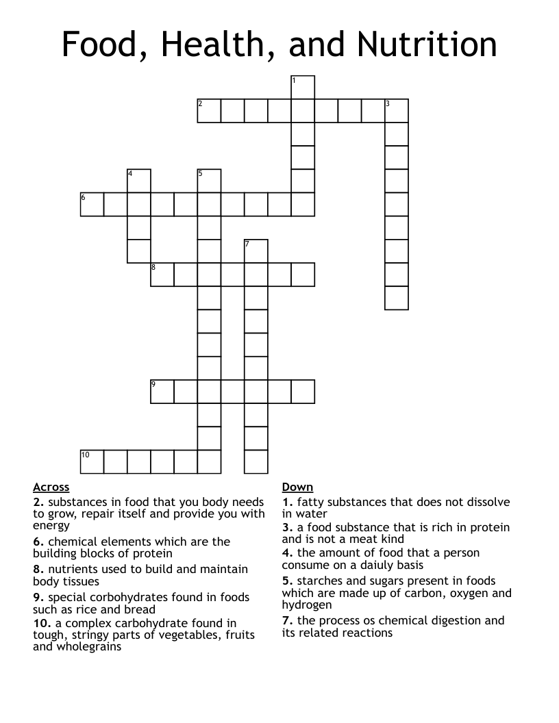 Food, Health, and Nutrition Crossword