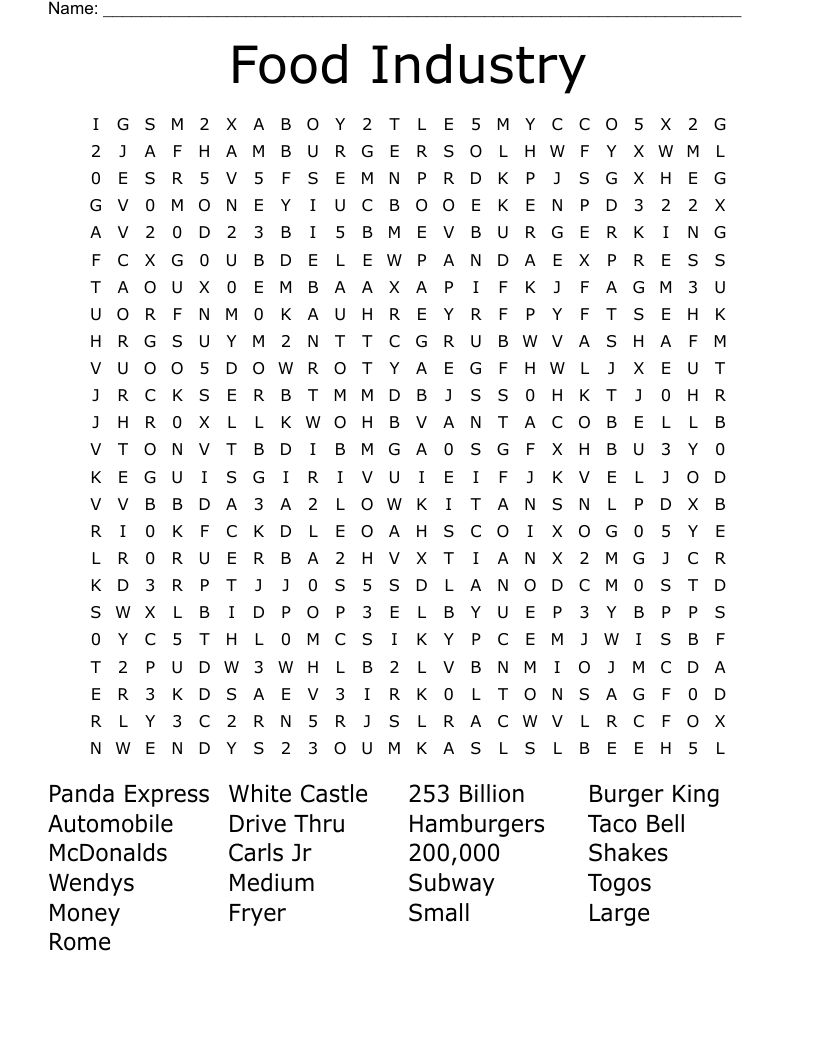 Food Industry  Word Search