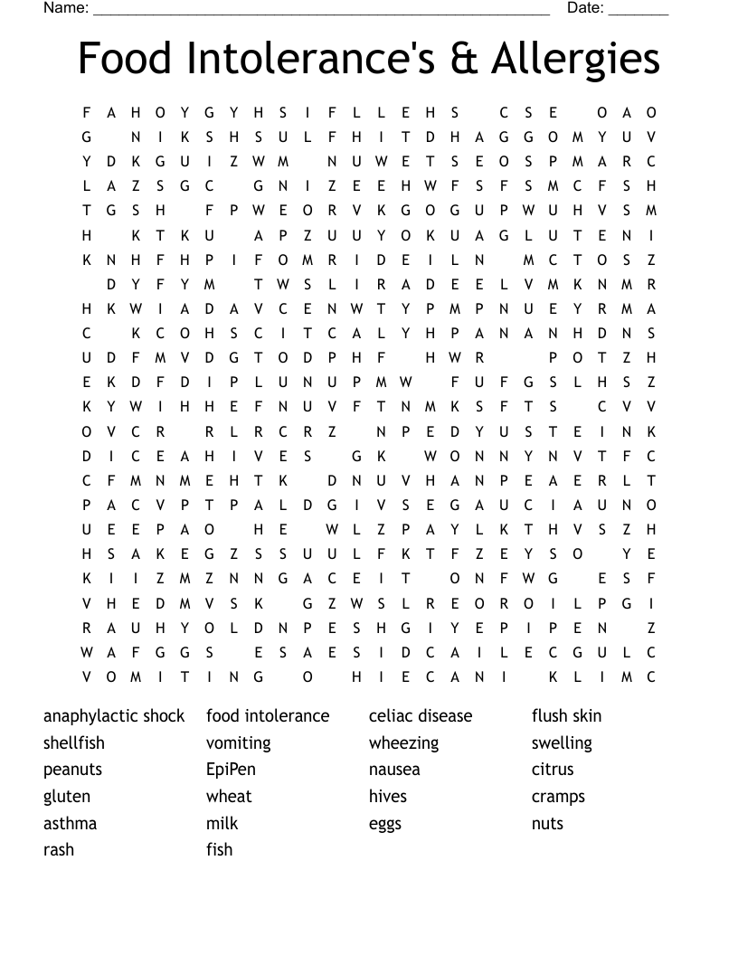 Food Intolerance's & Allergies Word Search
