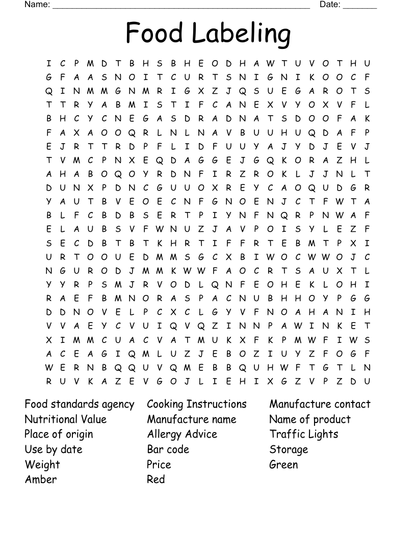 Food Labeling  Word Search