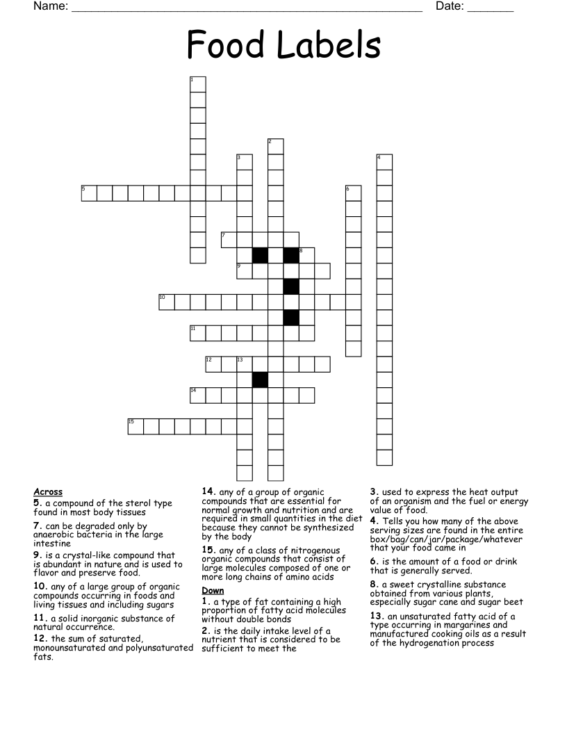 Food Labels Crossword