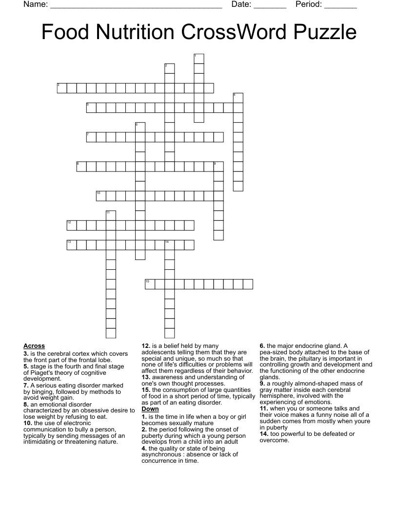 Food Nutrition CrossWord Puzzle