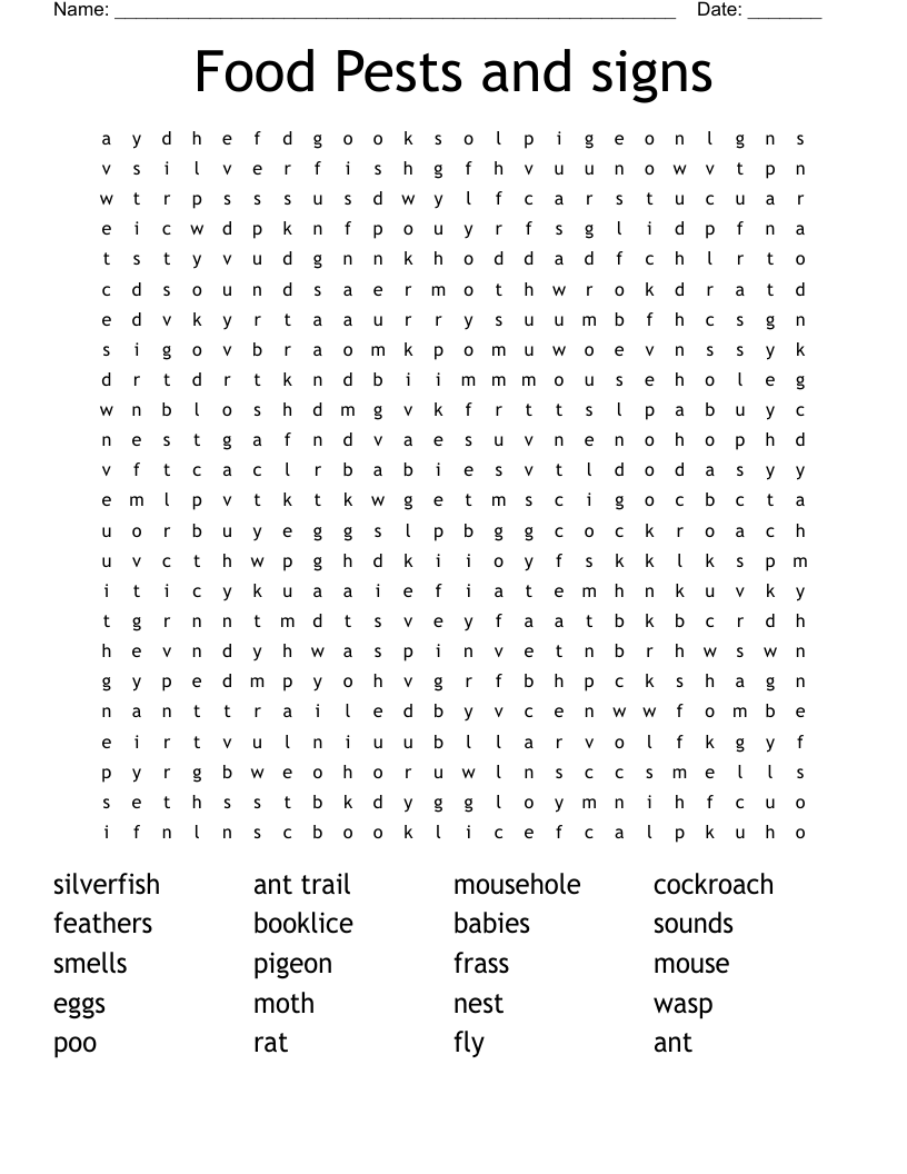 Food Pests and signs Word Search
