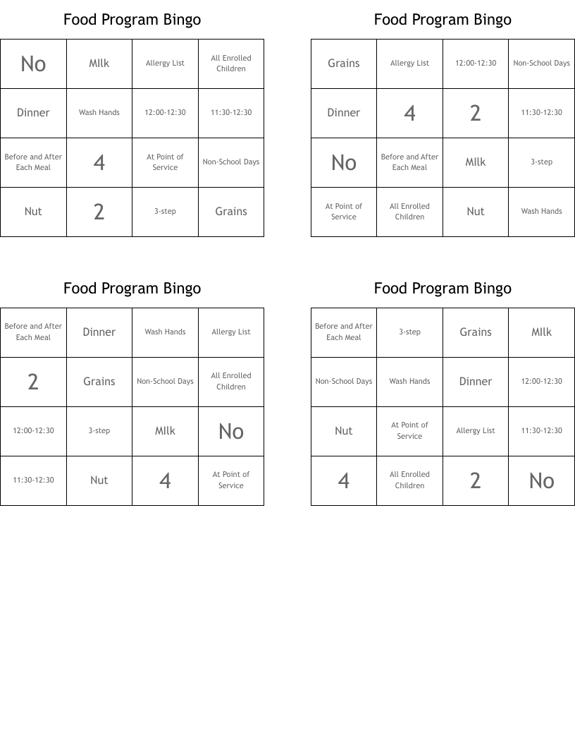 Food Program Bingo