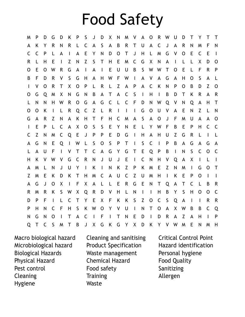 Food Safety Word Search