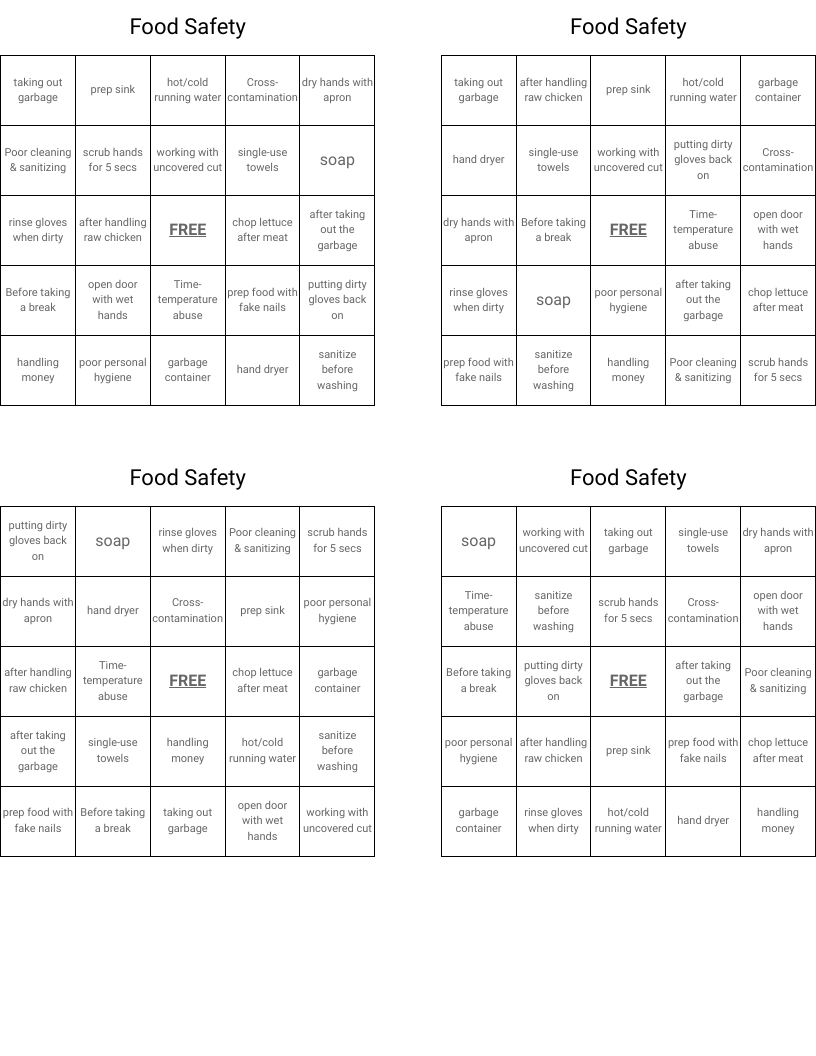 Food Safety Bingo Cards