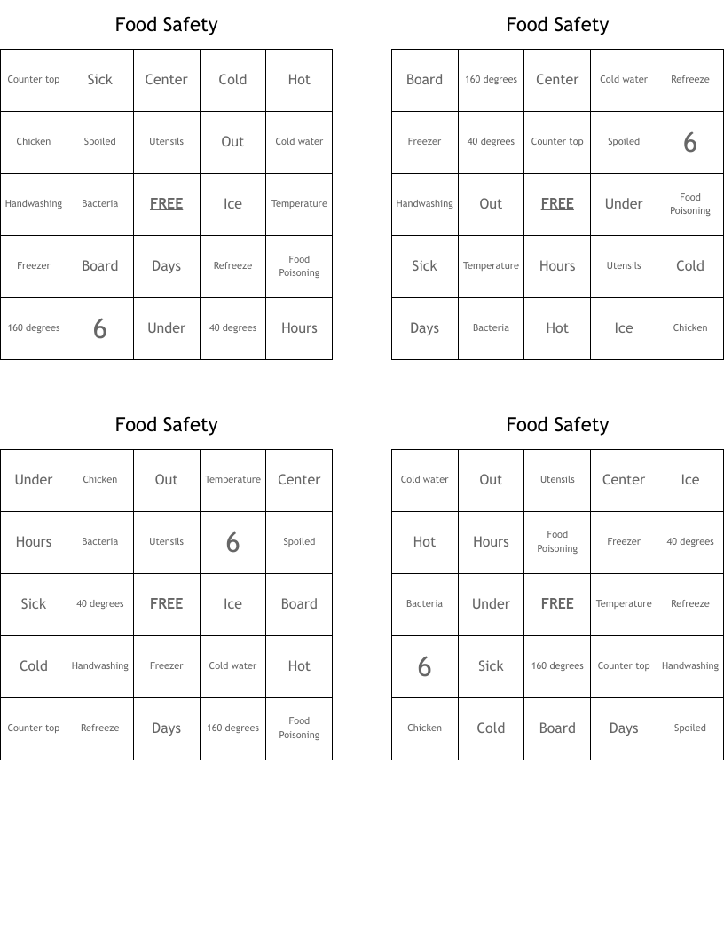 Food Safety Bingo Cards