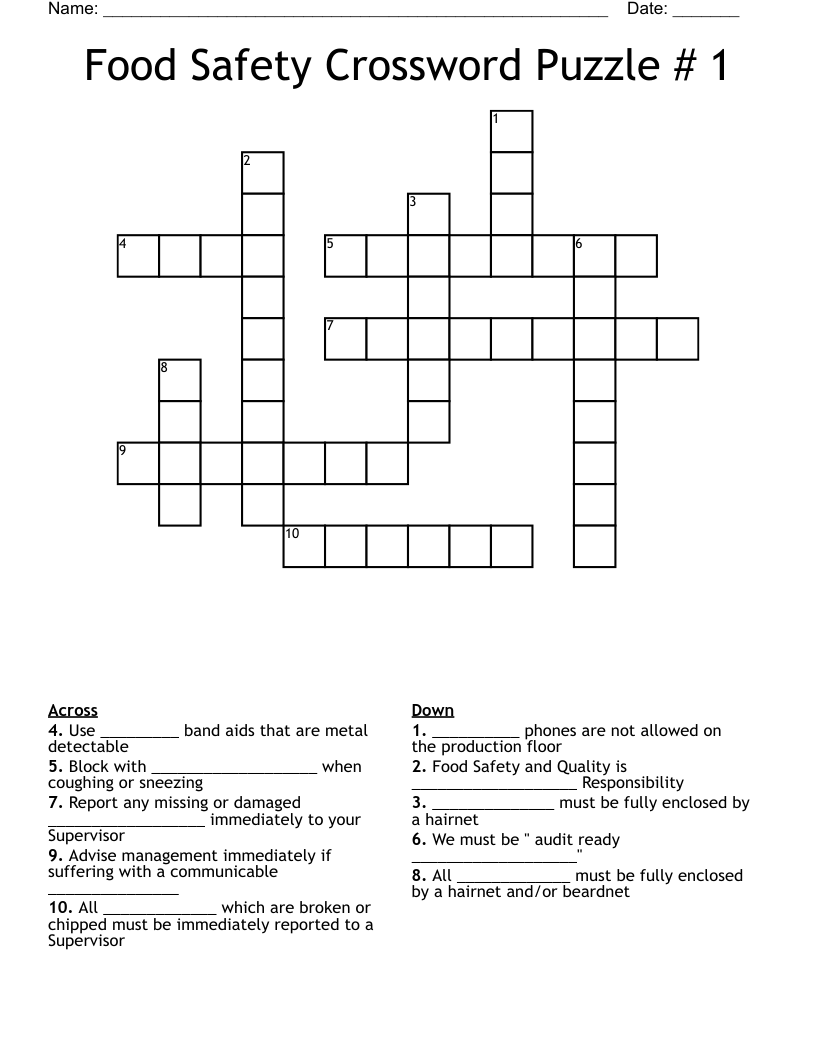 Food Safety Crossword Puzzle # 1