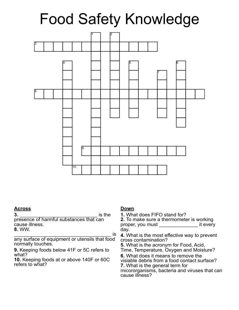 Food Safety Knowledge Crossword