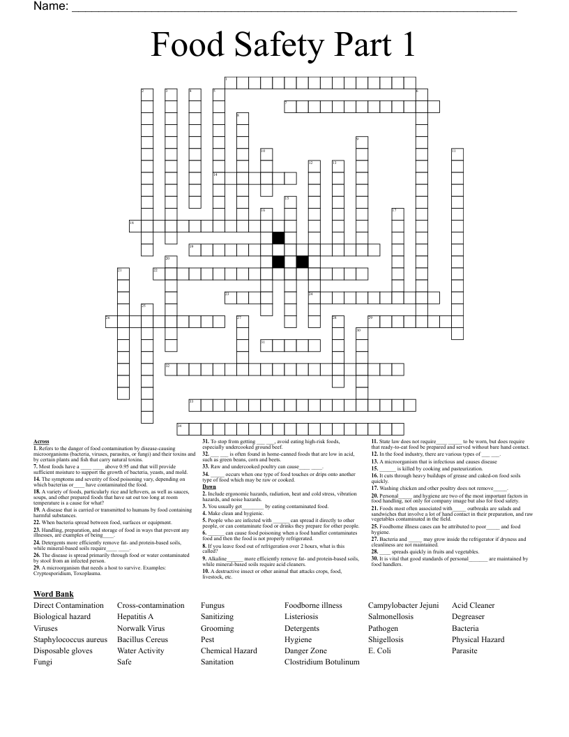 Food Safety Part 1 Crossword