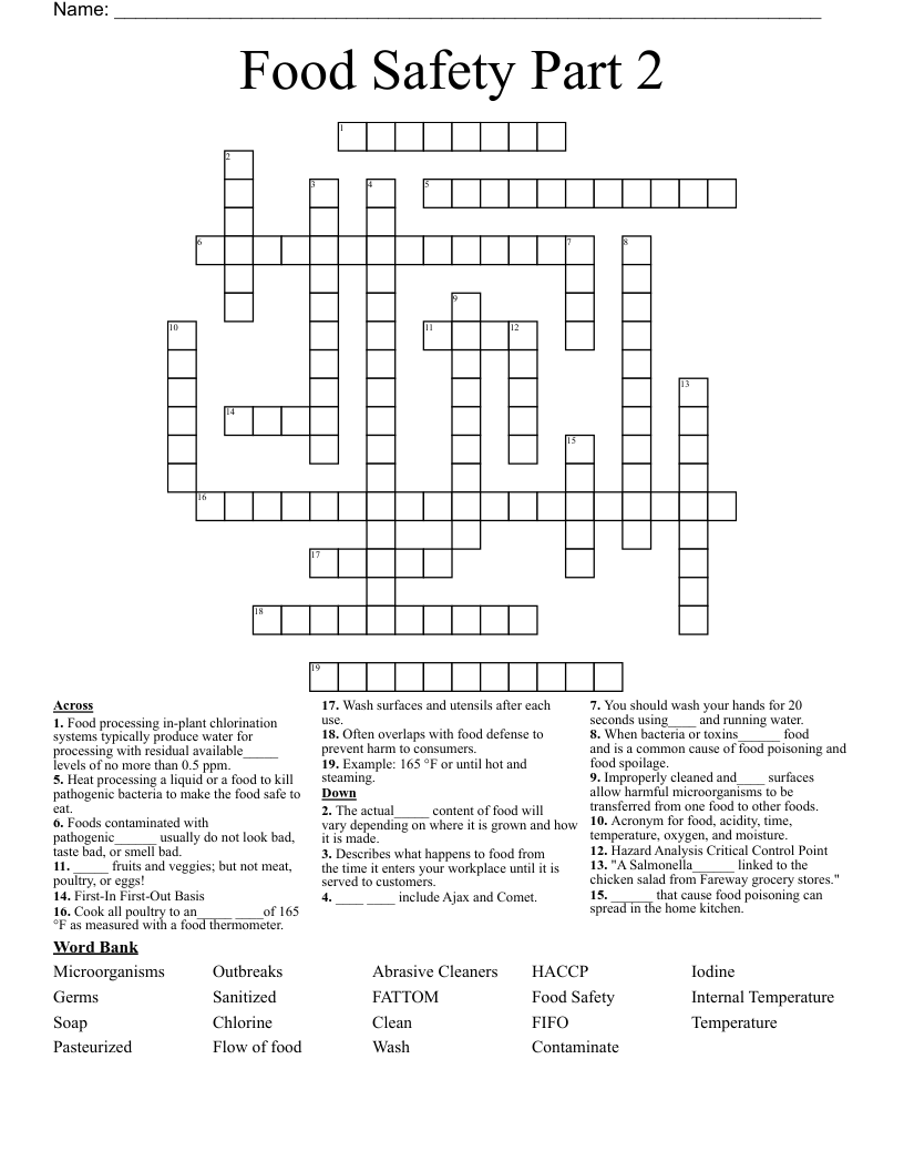 Food Safety Part 2 Crossword