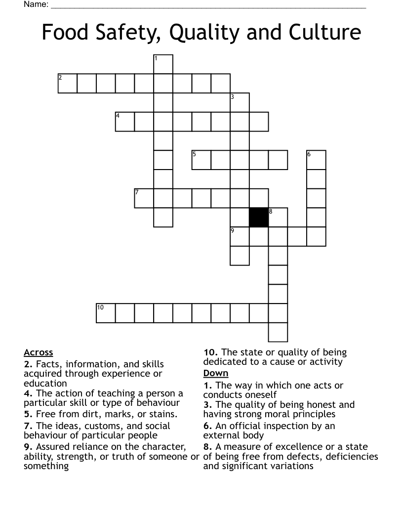 Food Safety, Quality and Culture Crossword