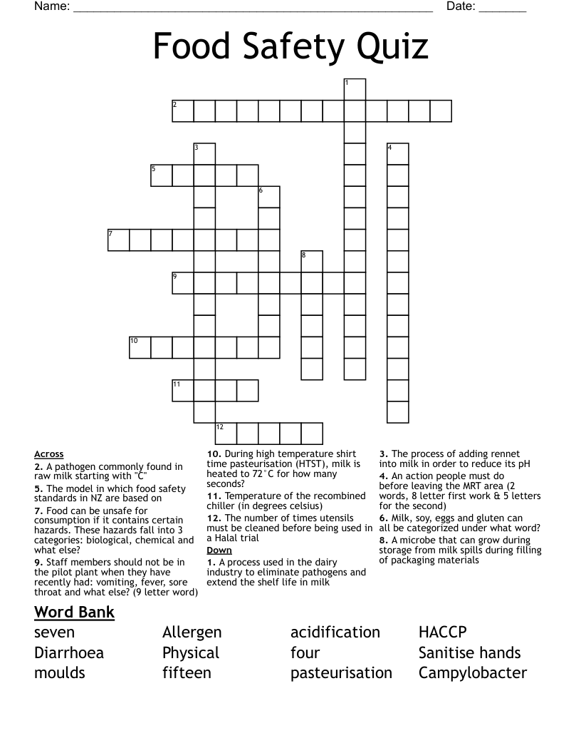 Food Safety Quiz Crossword