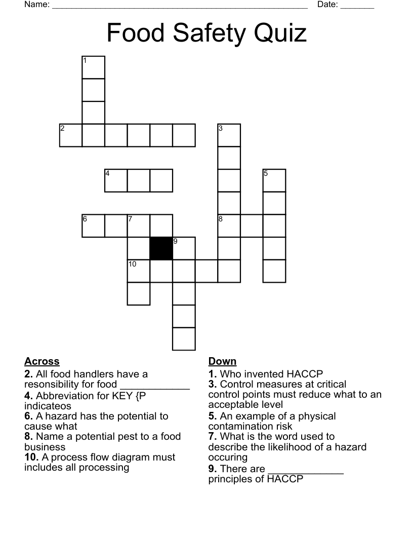 Food Safety Quiz Crossword