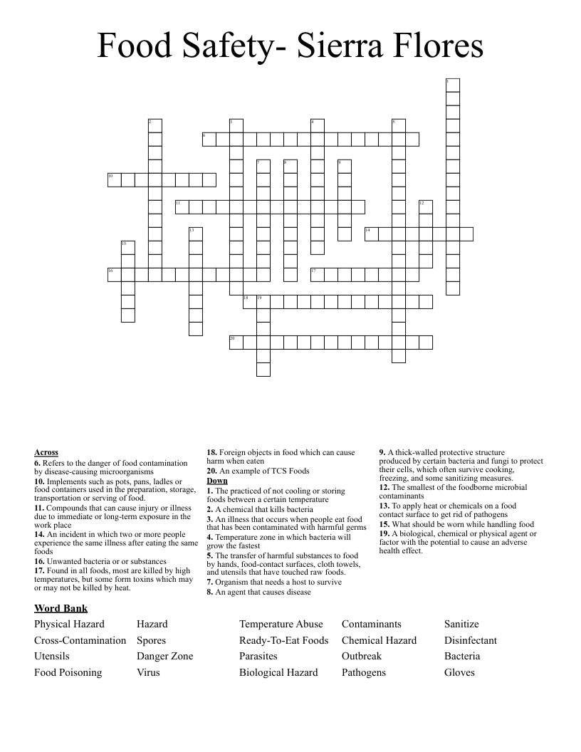 Food Safety- Sierra Flores Crossword